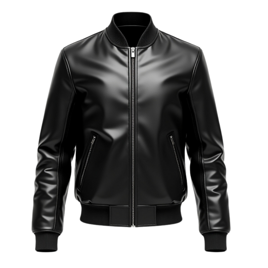 Men's Black Real Leather Bomber Jacket with Side Zipper Pockets Ribbed Hem