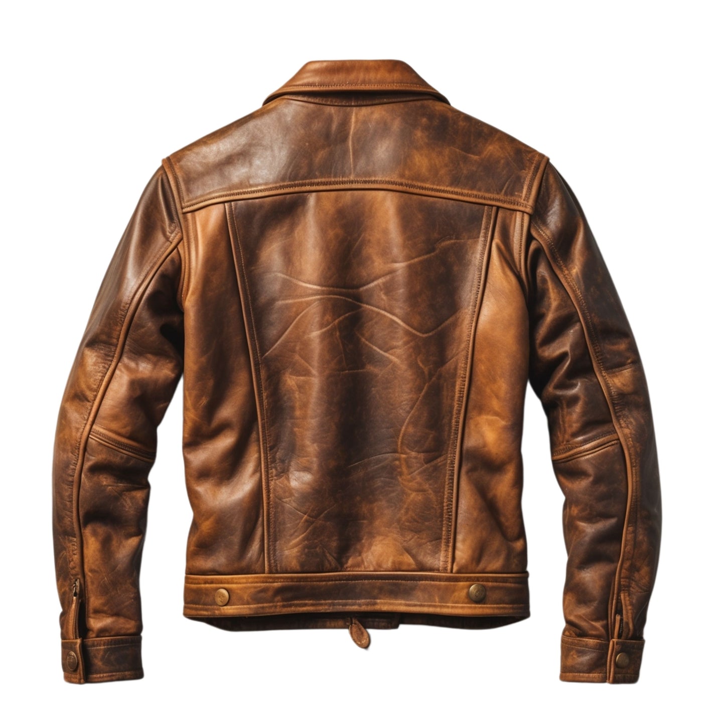 Real Leather Trucker Jacket: Vintage Rugged Brown Button Front Spread Collar