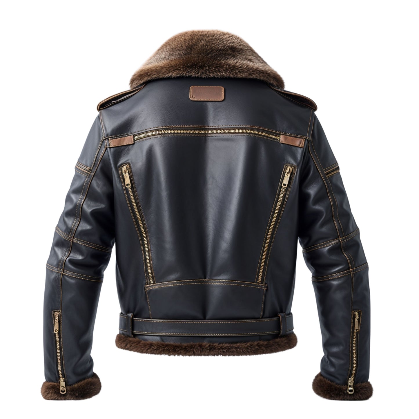 Men's Real Leather Aviator Jacket with Faux Fur Collar, Zipper Pockets, Adjustable Belt