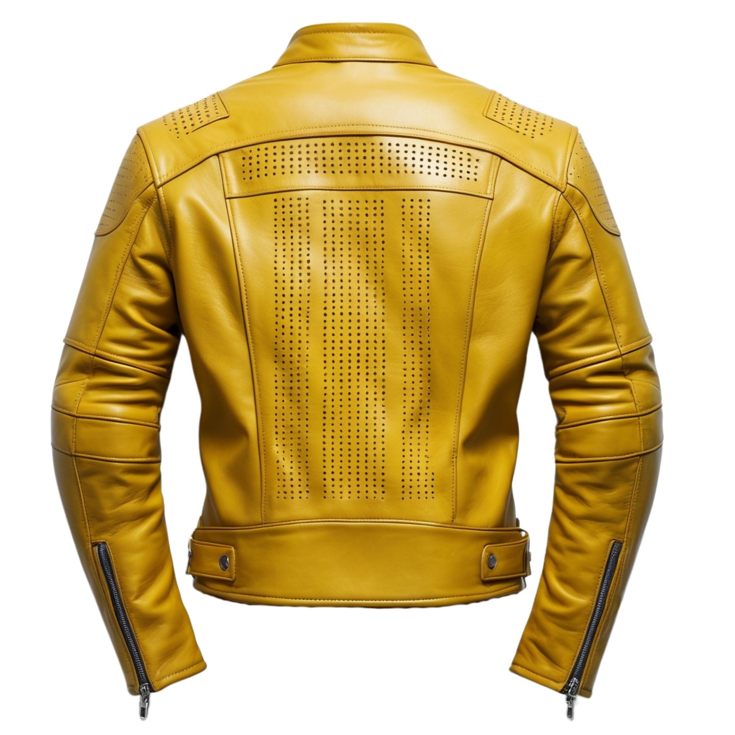 Men's Yellow Real Leather Biker Jacket – Slim Fit, Perforated Shoulder Moto Style