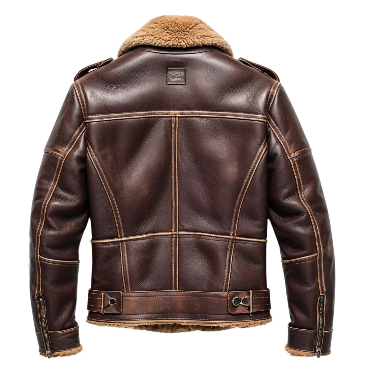 Men's Brown Leather Aviator Jacket with Real Shearling Collar, Plush Lining, Full Zip