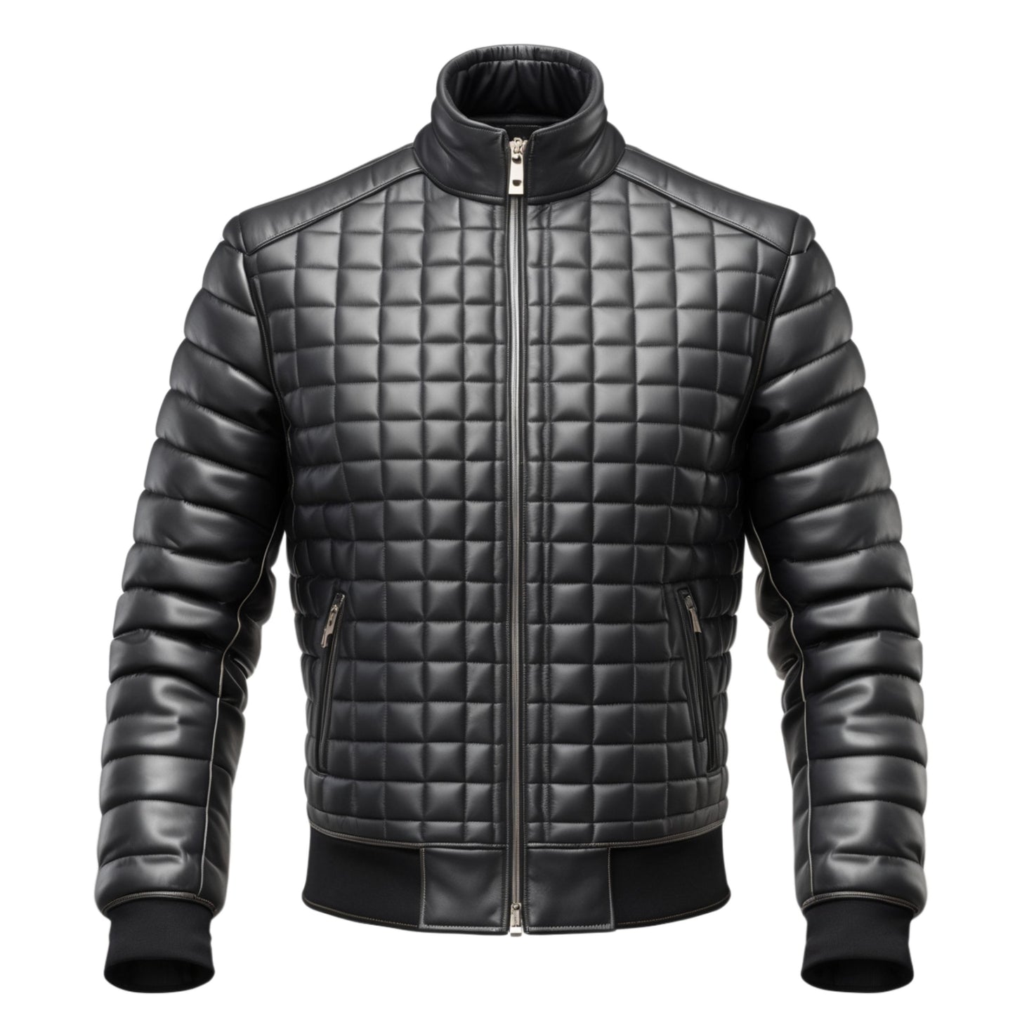 Quilted Genuine Leather Bomber Jacket: Diamond Stitched, Ribbed Collar, Zippered Pockets