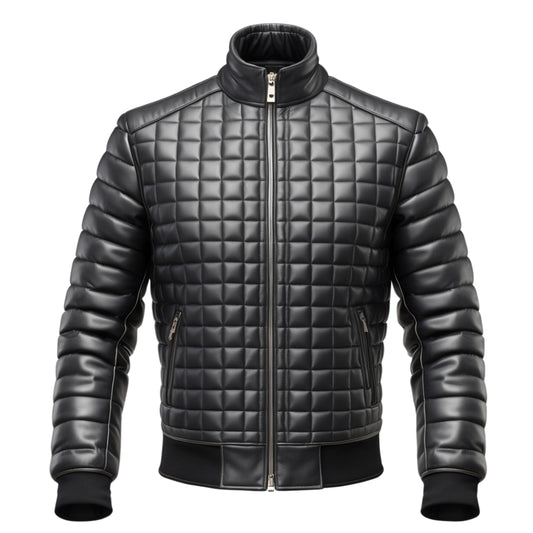 Quilted Genuine Leather Bomber Jacket: Diamond Stitched, Ribbed Collar, Zippered Pockets