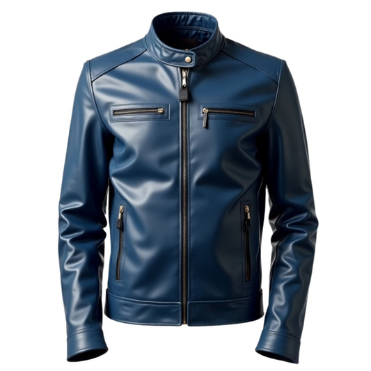Men's Blue Leather Racer Jacket with Stand Collar and Zipper Pockets