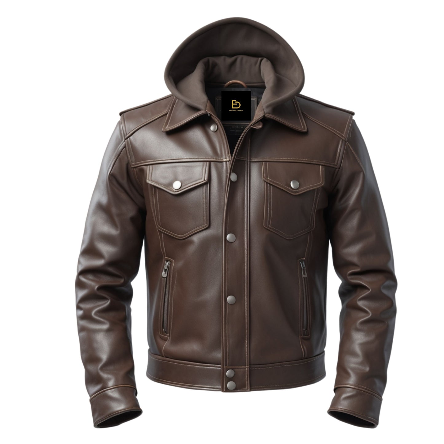 Men's Brown Leather Hooded Jacket: Button Front, Casual Everyday Wear