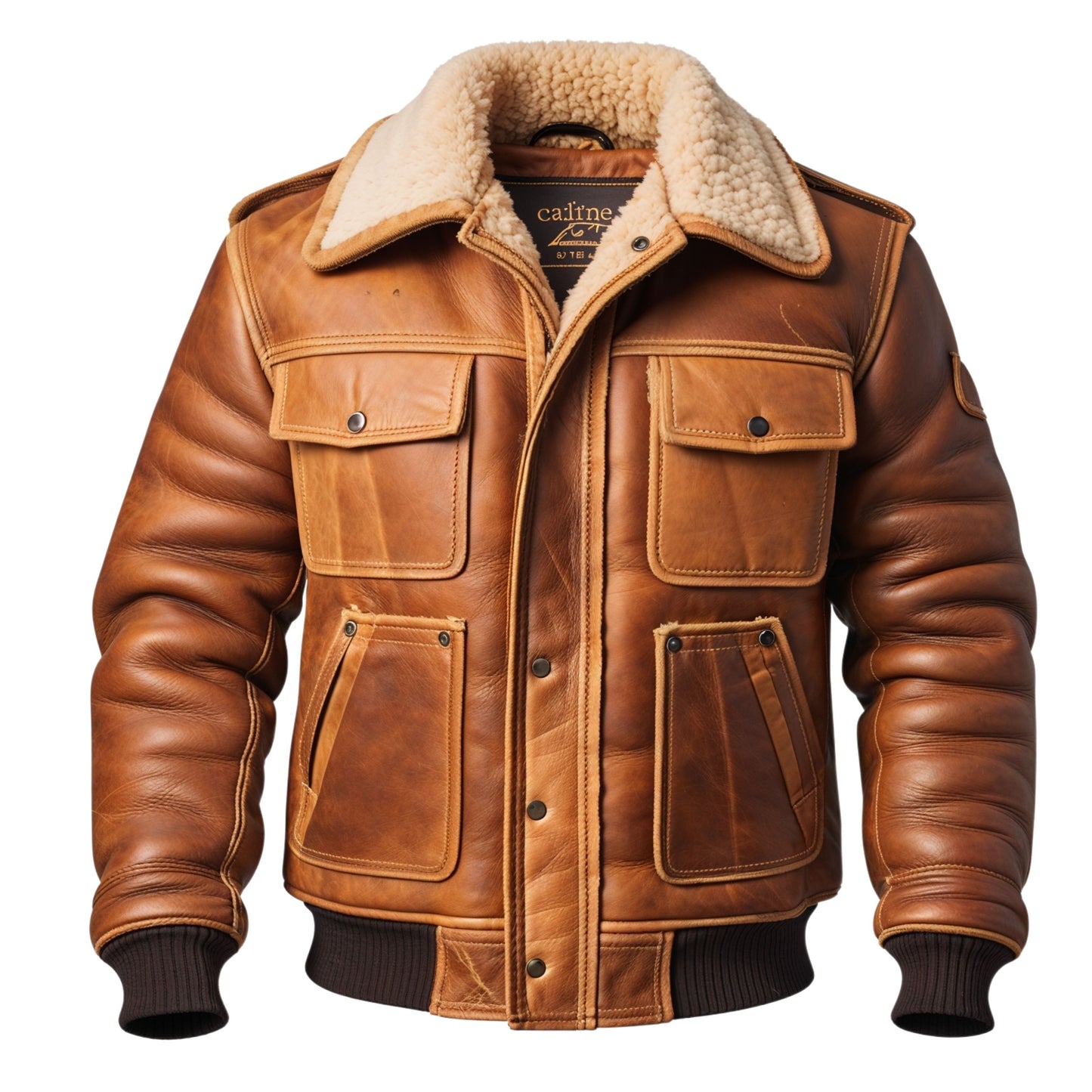 Men's Genuine Leather Field Jacket with Shearling Collar, Four Pockets, Ribbed Cuffs