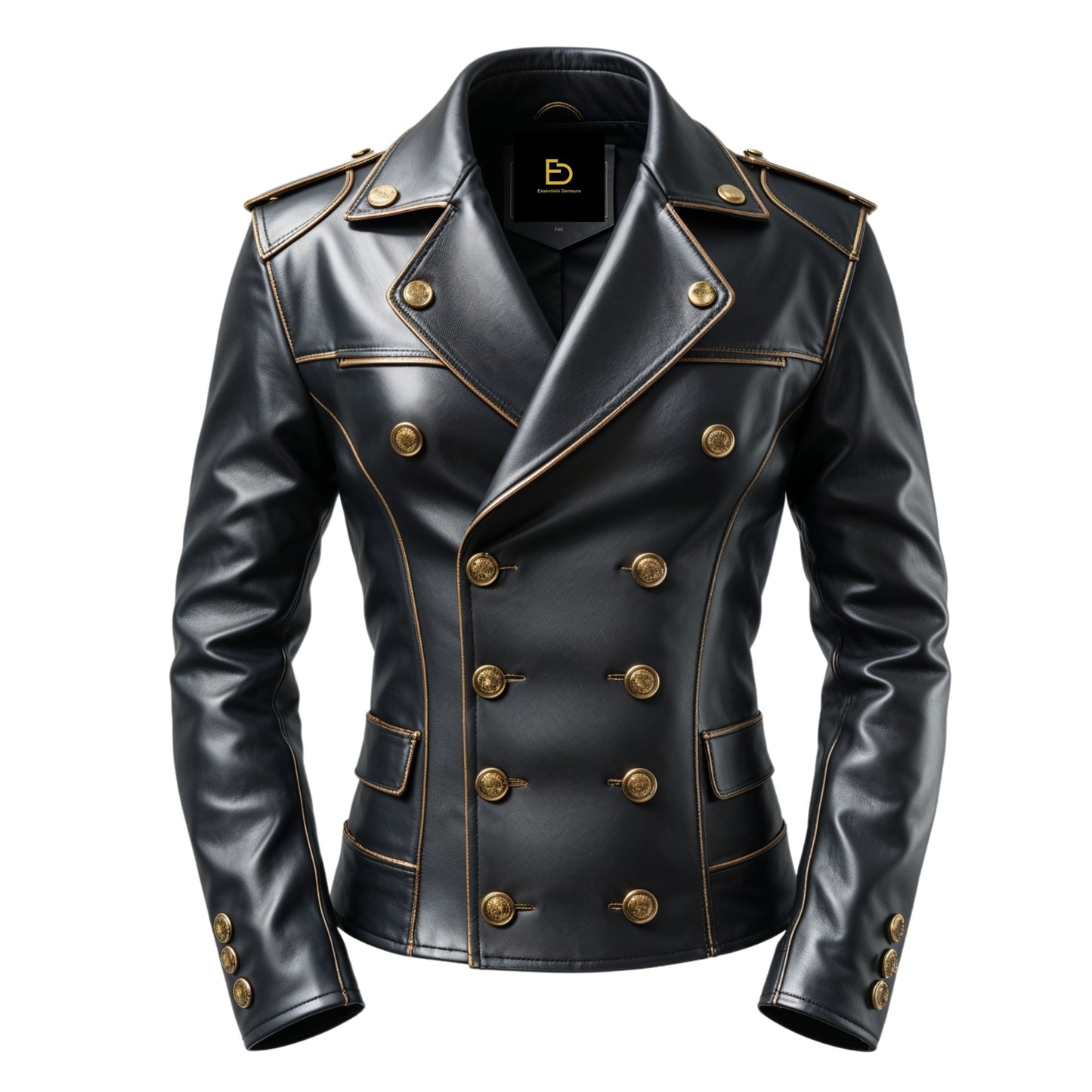Men's Black Real Leather Double Breasted Military Jacket with Gold Buttons – Tailored Fit Fashion