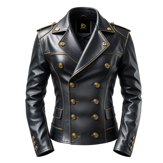 Men's Black Real Leather Double Breasted Military Jacket with Gold Buttons – Tailored Fit Fashion