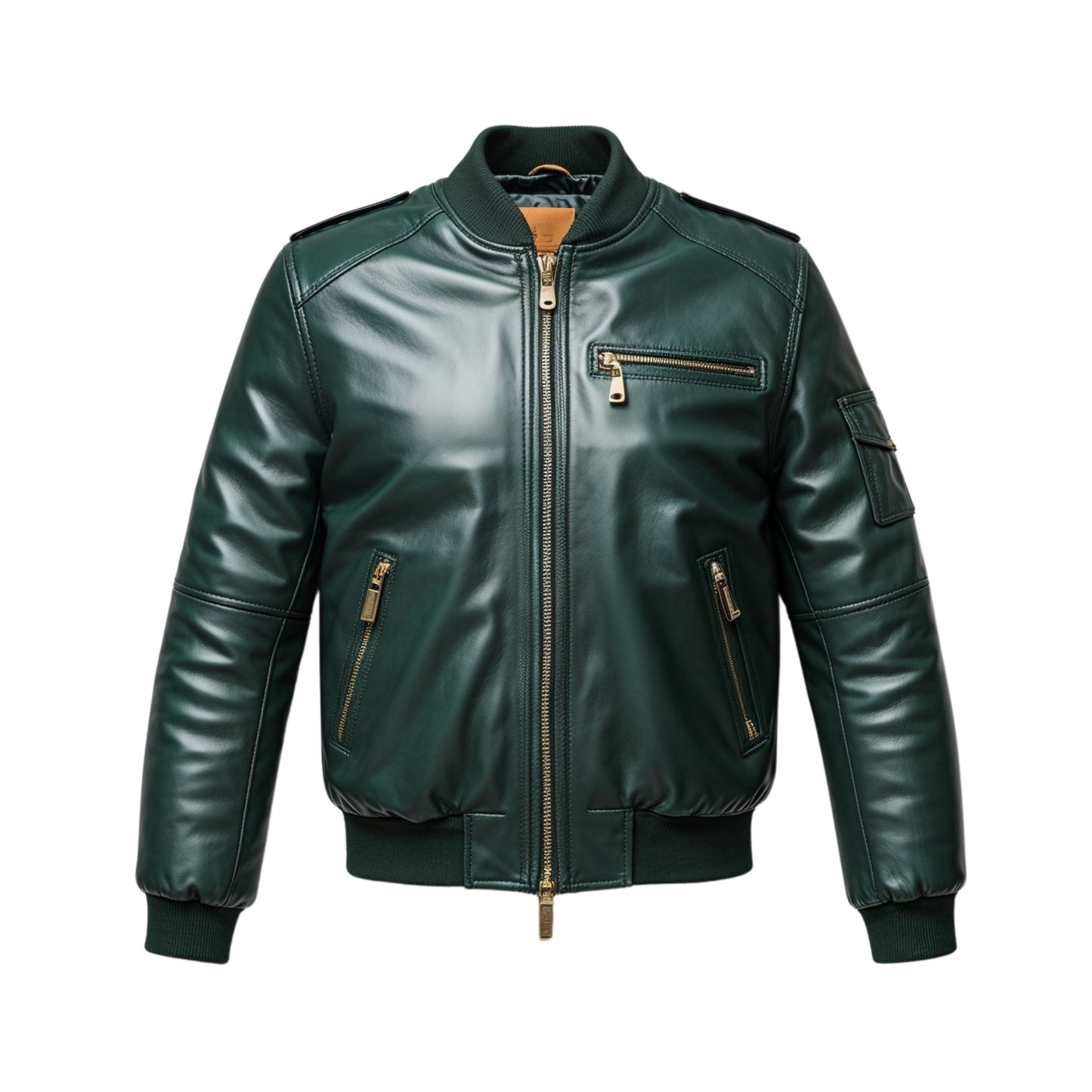 Men's Green Leather Bomber Jacket: Zip Closure, Pockets, Ribbed Cuffs – Modern Style
