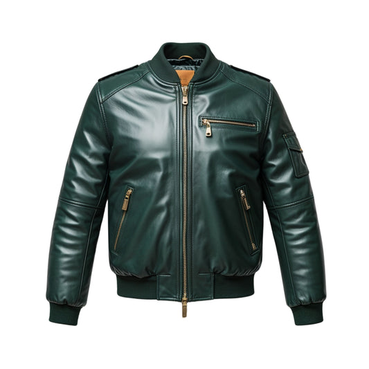 Men's Green Leather Bomber Jacket: Zip Closure, Pockets, Ribbed Cuffs – Modern Style