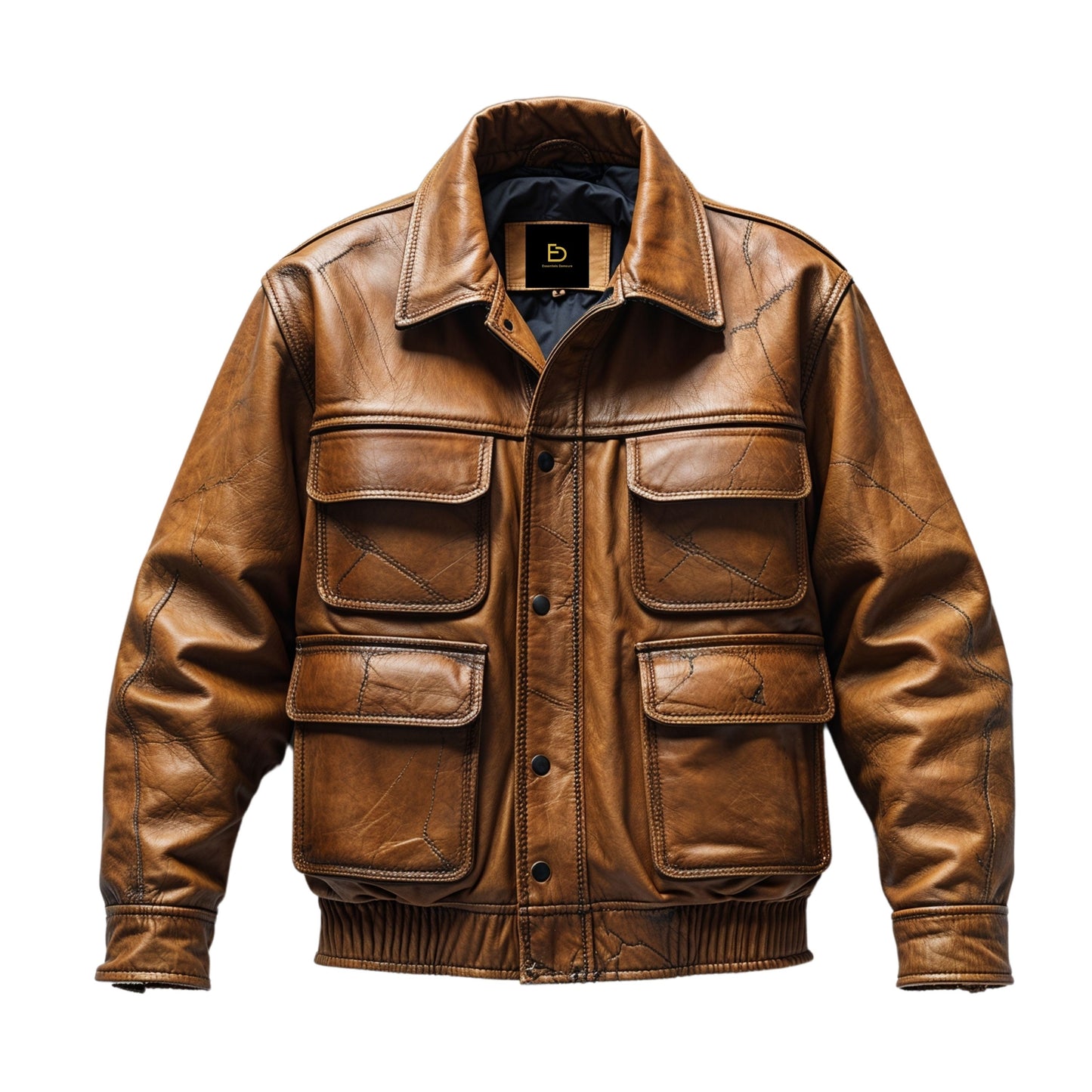 Men's Tan Real Leather Bomber Jacket – Four Flap Pockets, Ribbed Hem