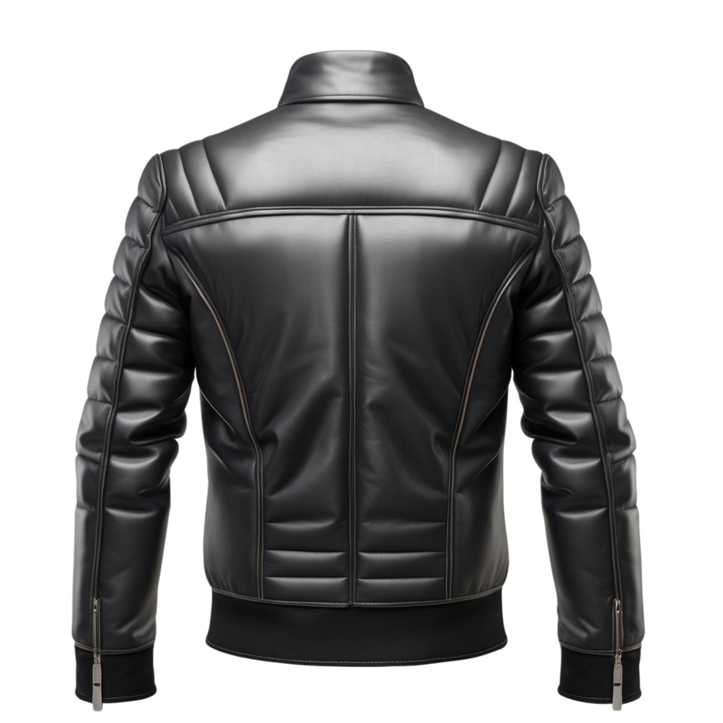 Quilted Genuine Leather Bomber Jacket: Diamond Stitched, Ribbed Collar, Zippered Pockets