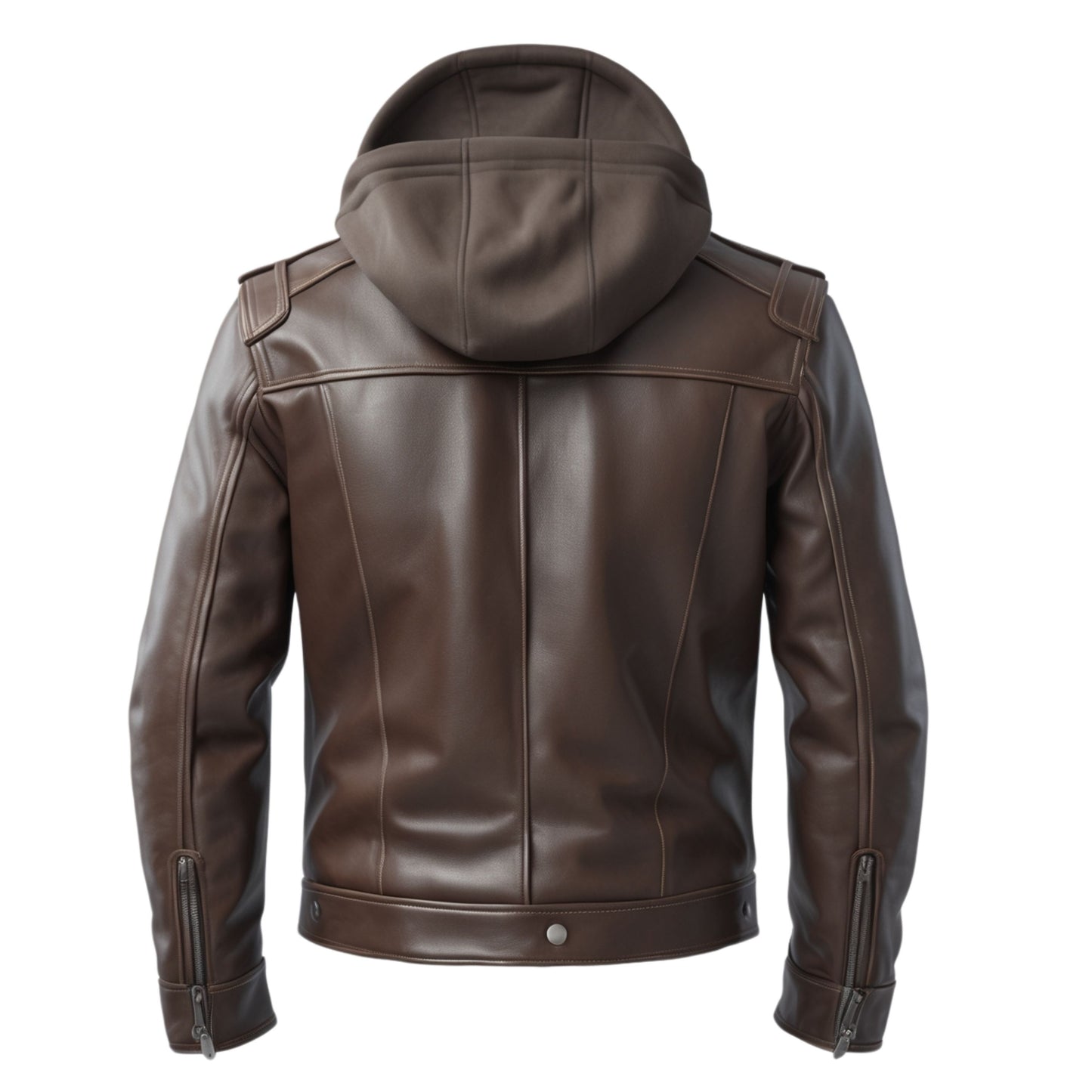 Men's Brown Leather Hooded Jacket: Button Front, Casual Everyday Wear