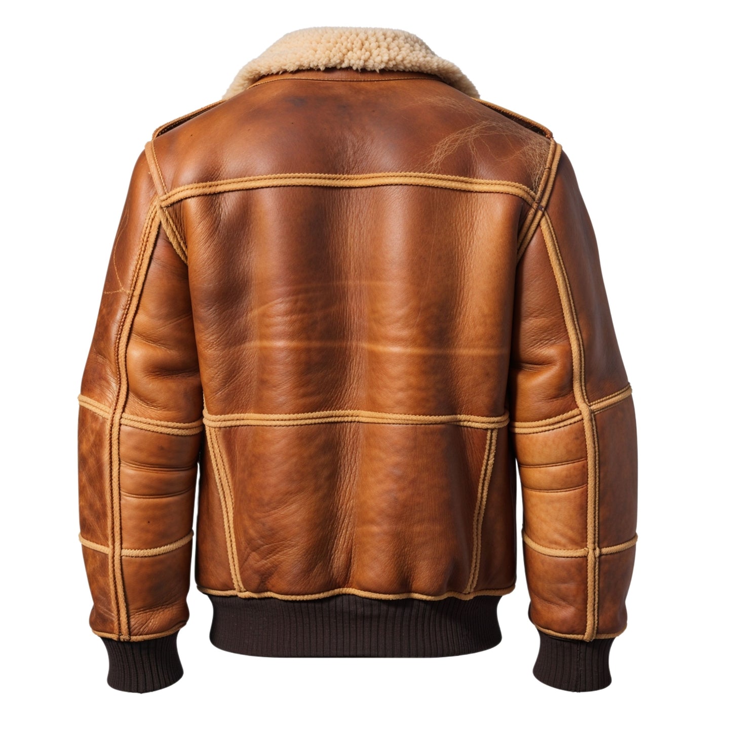 Men's Genuine Leather Field Jacket with Shearling Collar, Four Pockets, Ribbed Cuffs