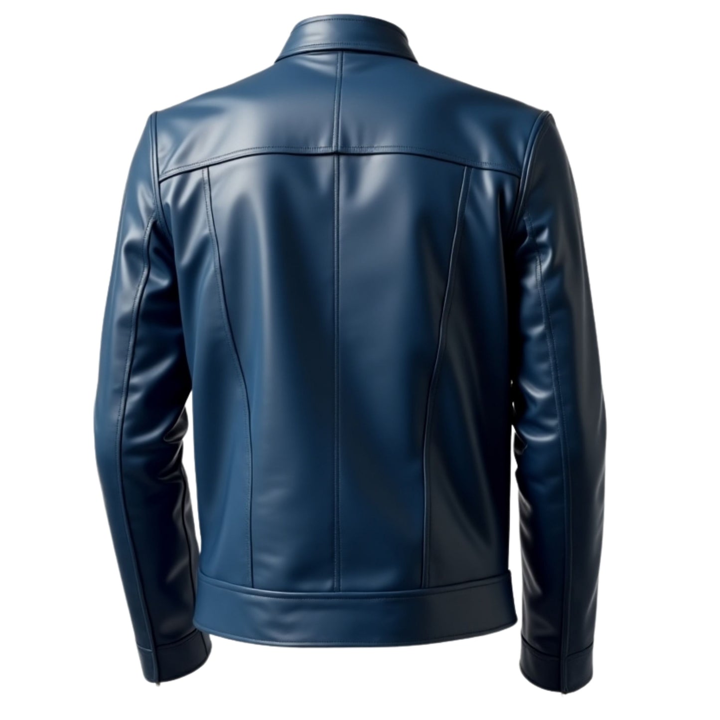 Men's Blue Leather Racer Jacket with Stand Collar and Zipper Pockets
