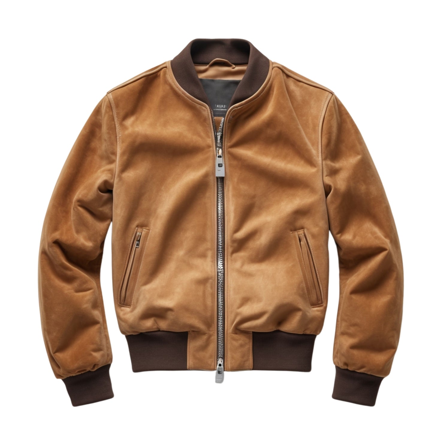 Men's Tan Suede Effect Real Leather Bomber Jacket with Double Zipper Closure