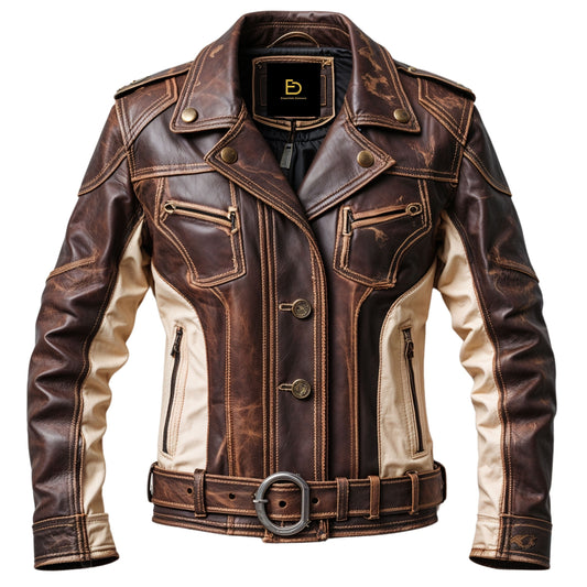 Men's Distressed Brown Leather Biker Jacket with Cream Panels, Belted Waist