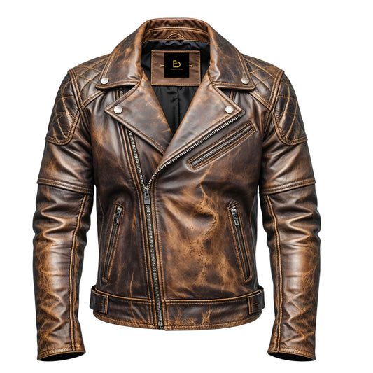 Vintage Distressed Brown Leather Biker Jacket Classic Asymmetrical Zipper Multiple Pockets Stylish Wear