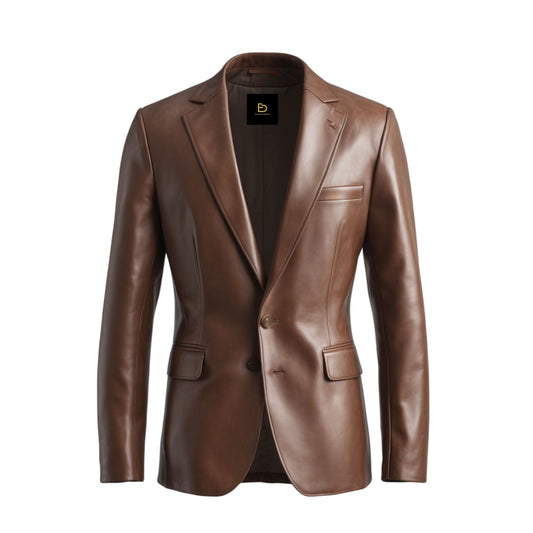 Men's Brown Leather Blazer: Button Closure, Tailored Fit, Business Coat