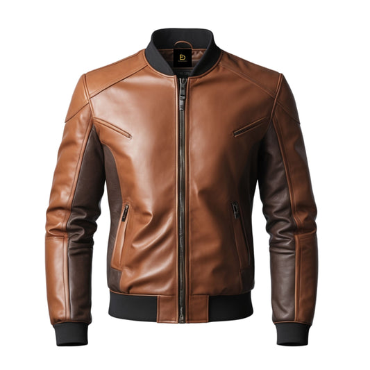 Men's Two-Tone Real Leather Bomber Jacket – Modern Slim Fit Ribbed Trim