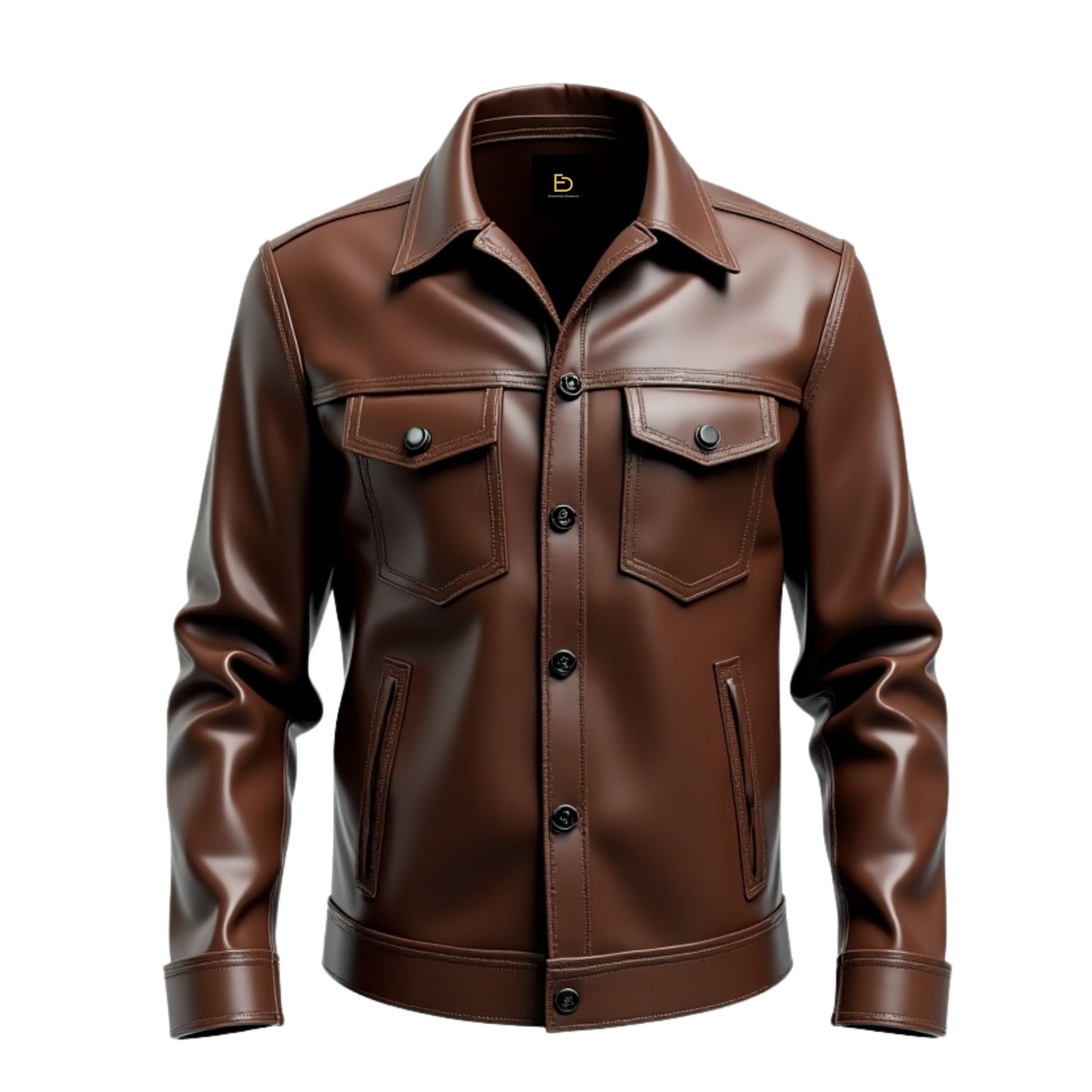 Men's Brown Real Leather Trucker Jacket: Button Front, Flap Pockets, Casual Style
