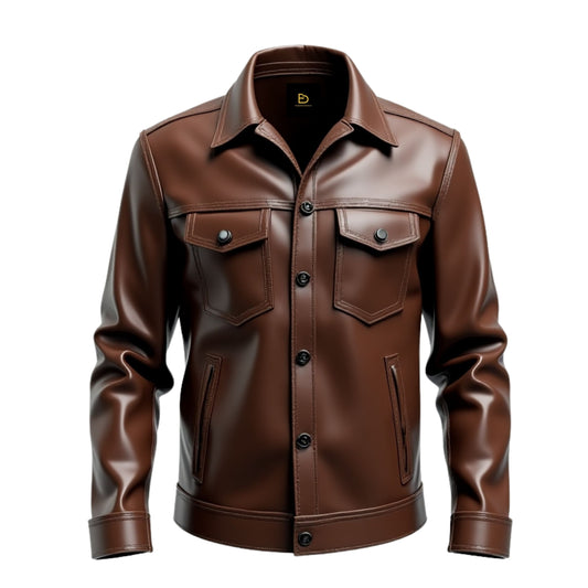 Men's Brown Real Leather Trucker Jacket: Button Front, Flap Pockets, Casual Style