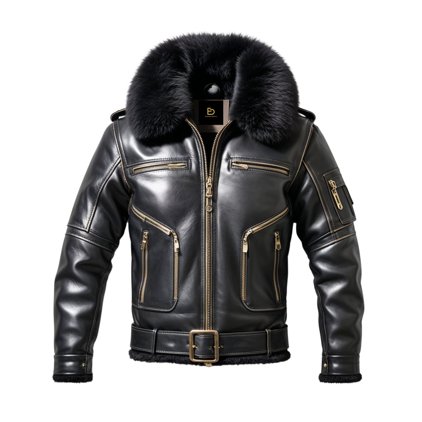 Men's Genuine Leather Aviator Bomber Jacket with Removable Fur Collar, Moto Style