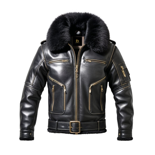 Men's Genuine Leather Aviator Bomber Jacket with Removable Fur Collar, Moto Style