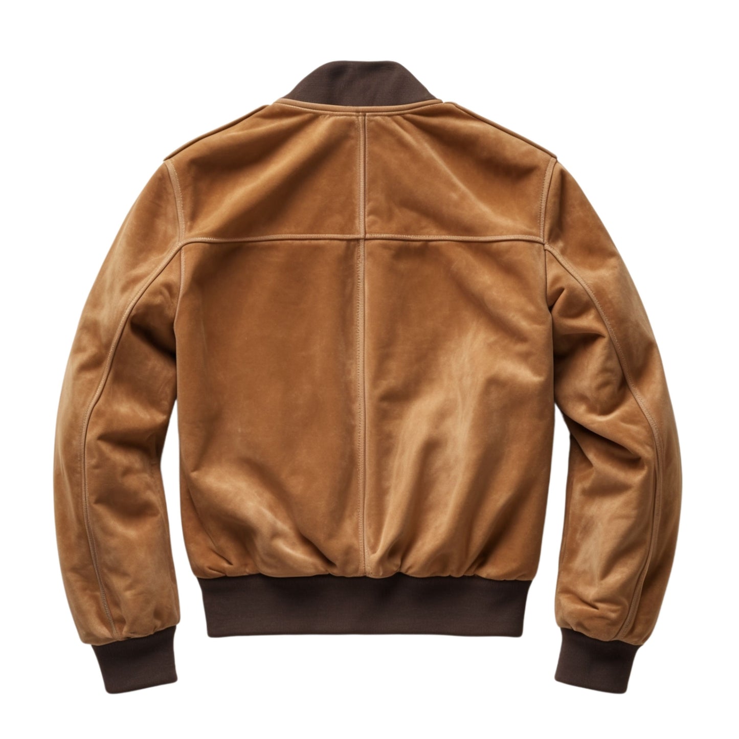 Men's Tan Suede Effect Real Leather Bomber Jacket with Double Zipper Closure