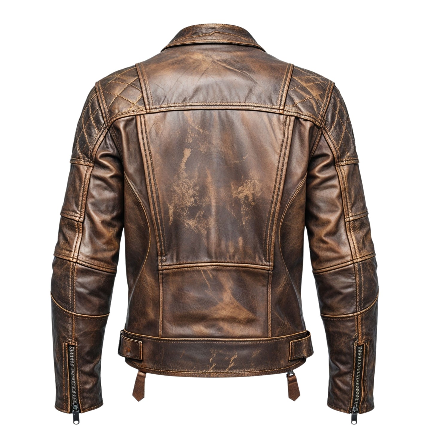 Vintage Distressed Brown Leather Biker Jacket Classic Asymmetrical Zipper Multiple Pockets Stylish Wear
