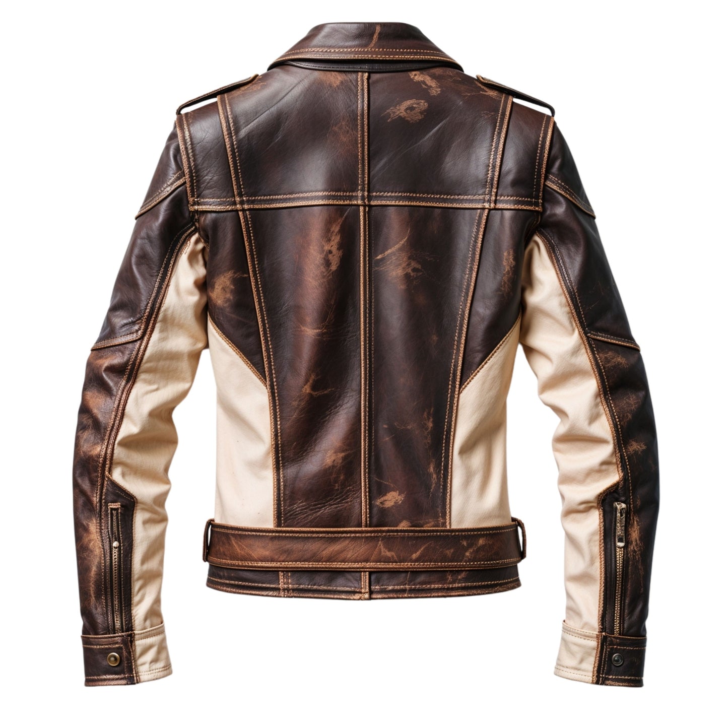Men's Distressed Brown Leather Biker Jacket with Cream Panels, Belted Waist