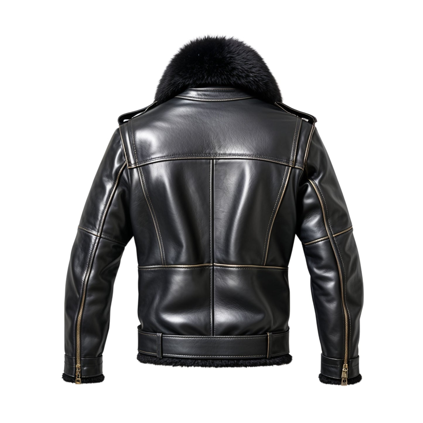 Men's Genuine Leather Aviator Bomber Jacket with Removable Fur Collar, Moto Style