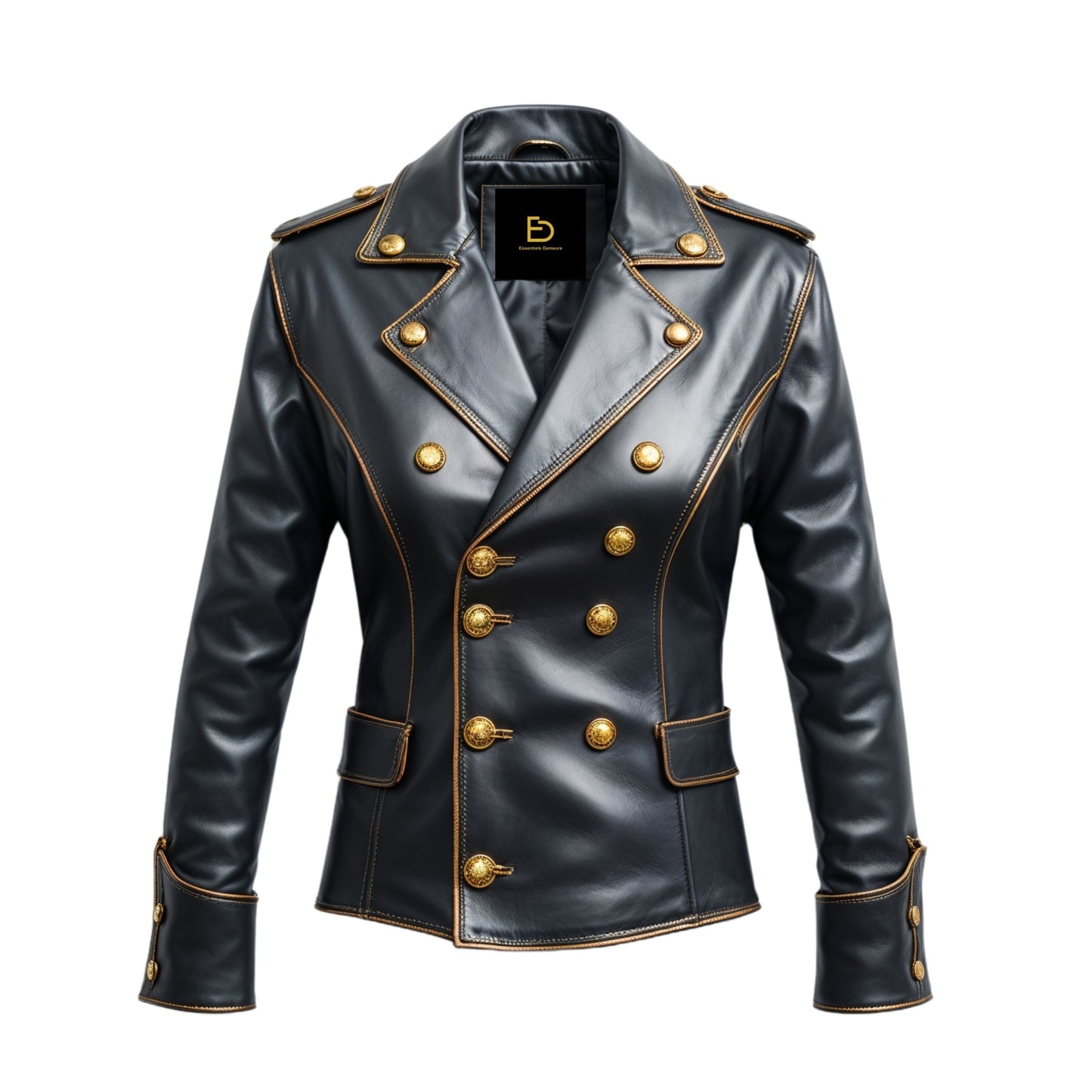 Men's Black Real Leather Double Breasted Military Blazer Jacket Gold Buttons