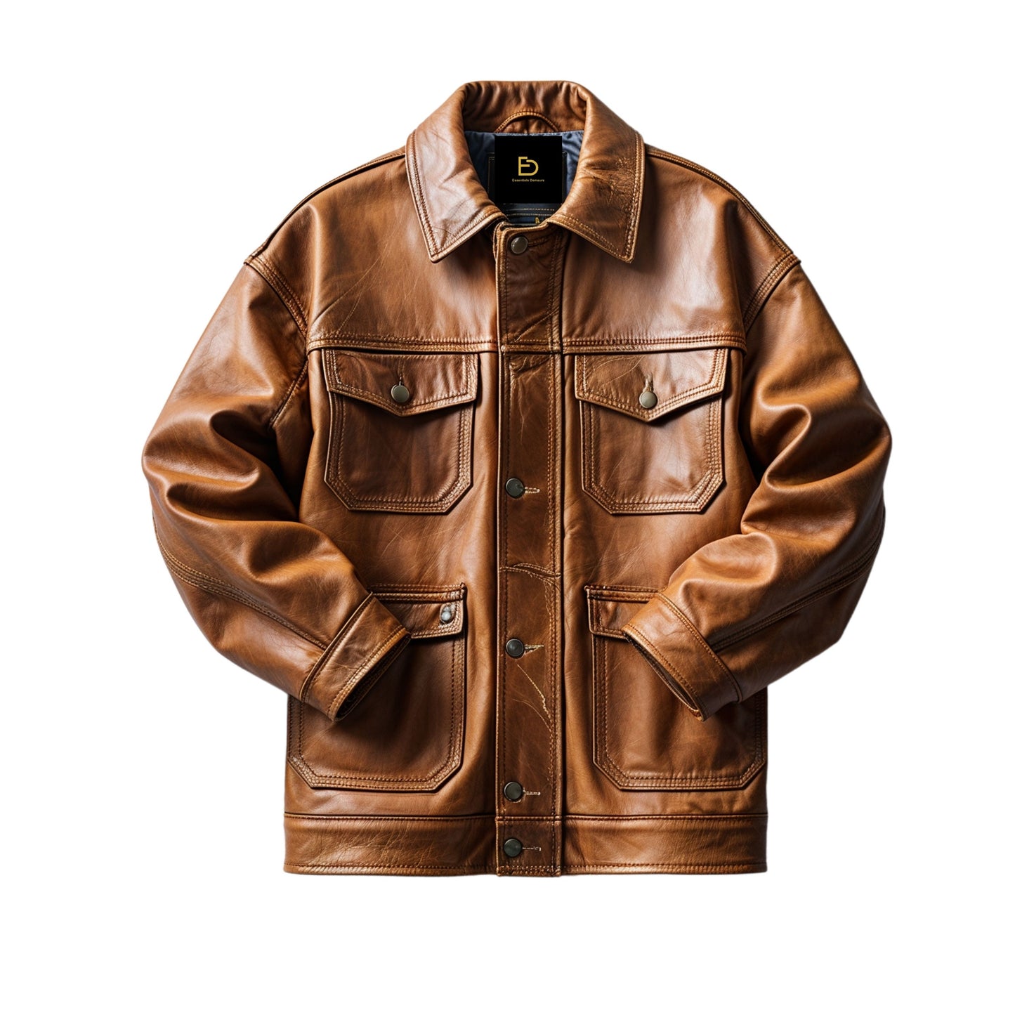 Men's Brown Leather Trucker Jacket: Classic Button Front, Utility Pockets, Casual Outdoor Wear