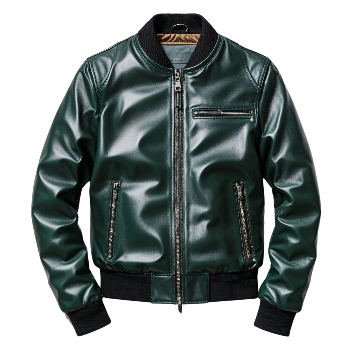 Men's Green Leather Bomber Jacket with Zipper Pockets – Modern Casual Wear