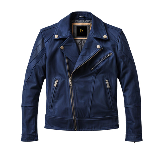 Men's Navy Blue Biker Jacket: Asymmetrical Zipper, Silver Hardware, Modern Fit