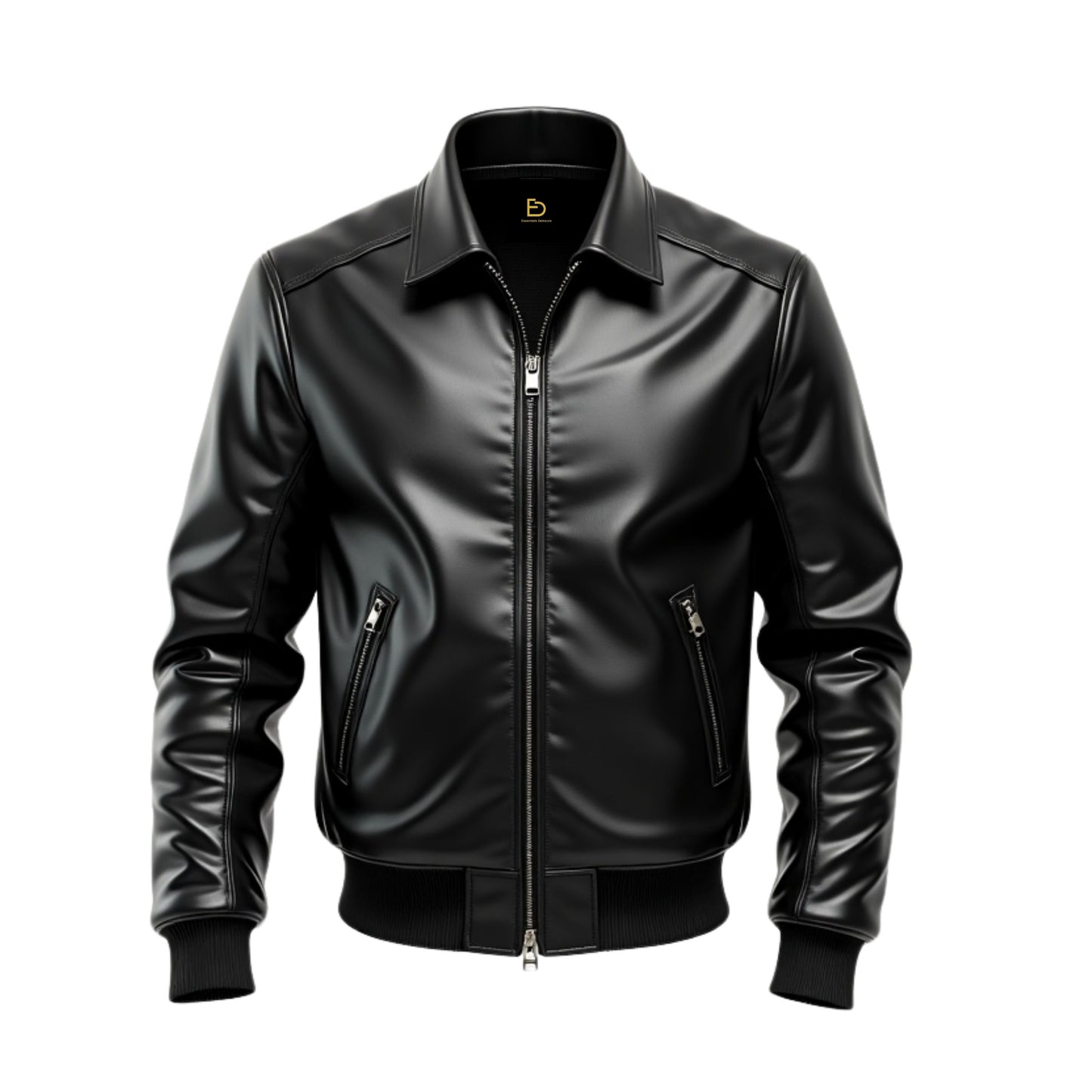 Men's Black Real Leather Bomber Jacket: Modern Zip Style Ribbed Cuffs Hem Pockets