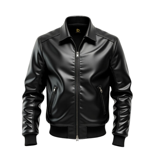Men's Black Real Leather Bomber Jacket: Modern Zip Style Ribbed Cuffs Hem Pockets
