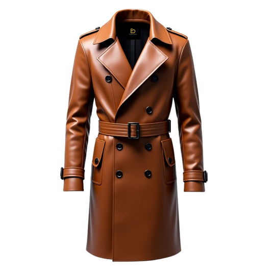 Men's Real Leather Brown Double Breasted Trench Coat with Wide Lapels and Belt