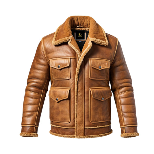 Men's Tan Leather Shearling Lined Field Jacket – Plush Collar, Cuffs, Winter Style
