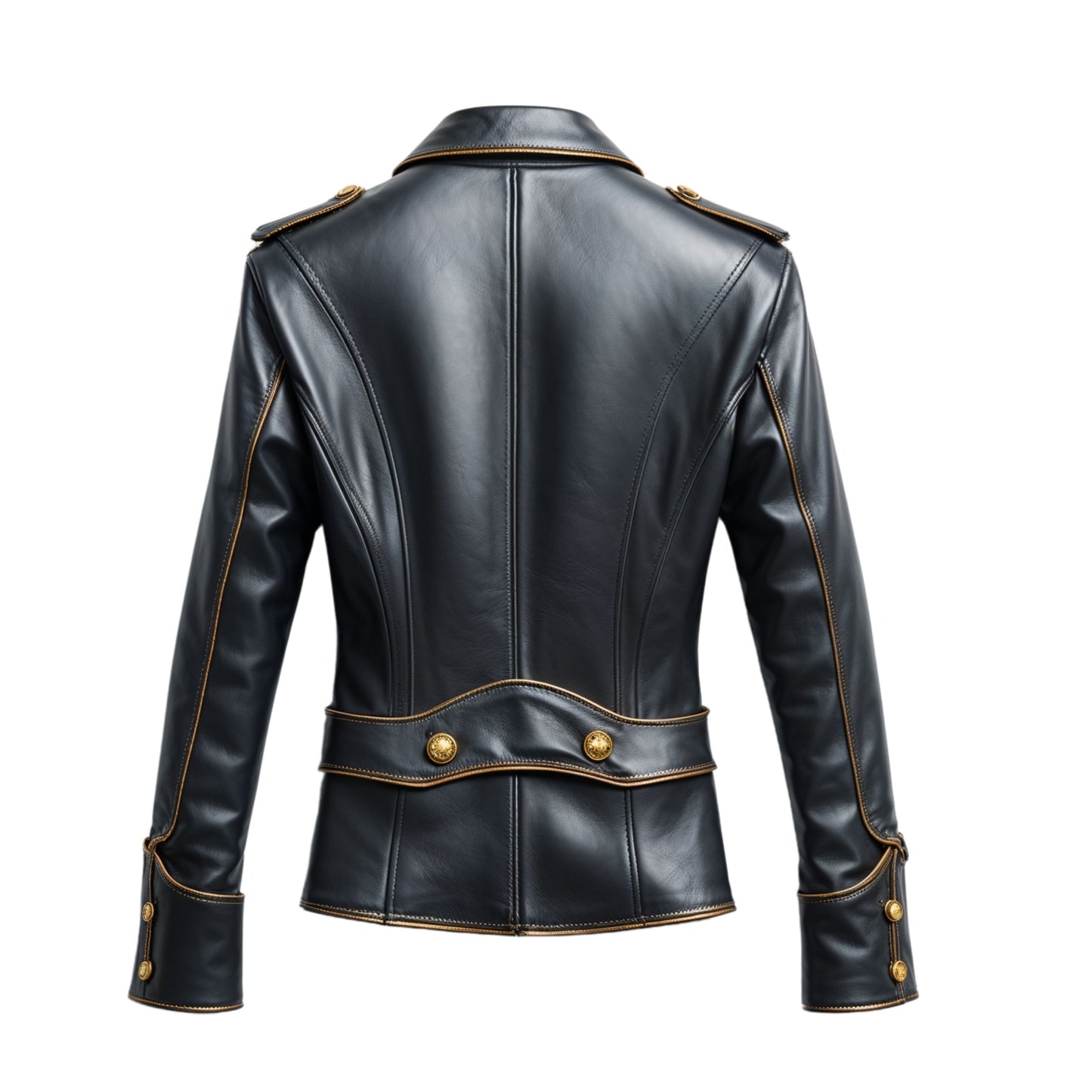 Men's Black Real Leather Double Breasted Military Blazer Jacket Gold Buttons