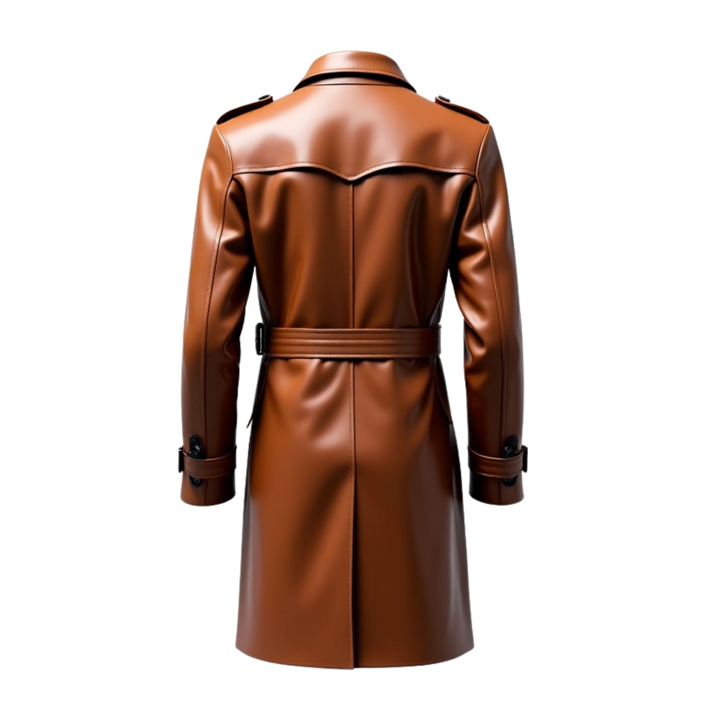 Men's Real Leather Brown Double Breasted Trench Coat with Wide Lapels and Belt