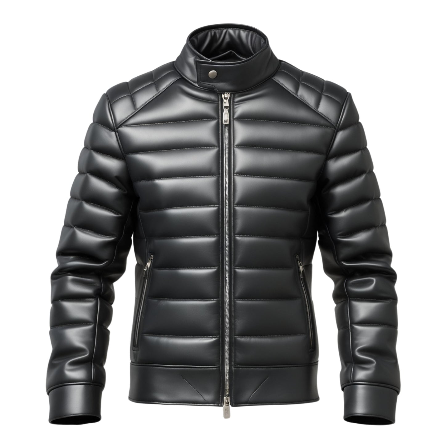 Men's Black Padded Leather Jacket with Quilted Panels and High Neck Snap Collar