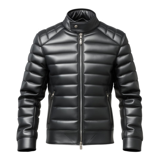 Men's Black Padded Leather Jacket with Quilted Panels and High Neck Snap Collar