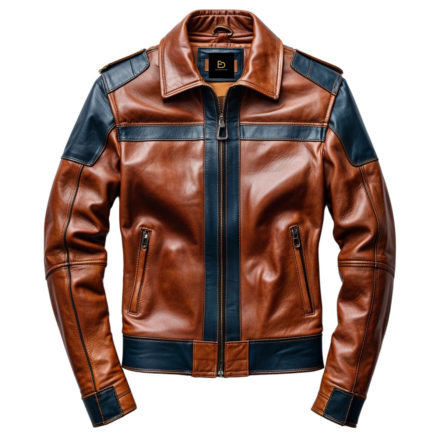 Men's Brown Leather Biker Jacket with Black Accent Panels – Stylish Casual Fit