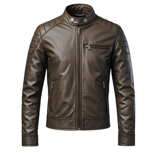 Men's Brown Cafe Racer Jacket: Stand Collar, Quilted Shoulders, Urban Style