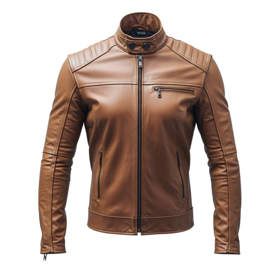 Men's Brown Real Leather Biker Jacket – Quilted Shoulder Slim Fit Moto Wear