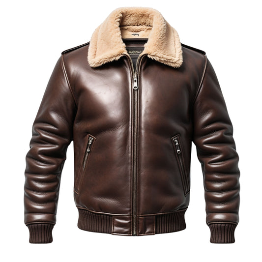 Men's Brown Leather Aviator Bomber Jacket with Faux Fur Collar Ribbed Cuffs