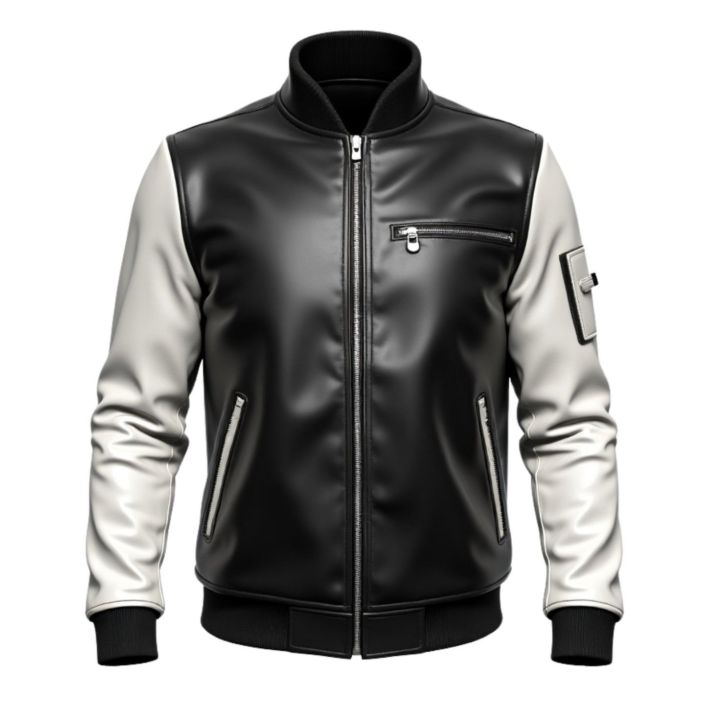 Men's Black White Leather Varsity Bomber Jacket – Ribbed Collar Street Style