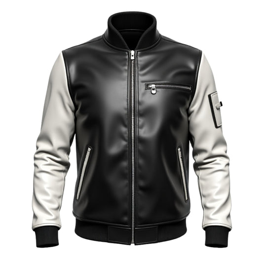 Men's Black White Leather Varsity Bomber Jacket – Ribbed Collar Street Style